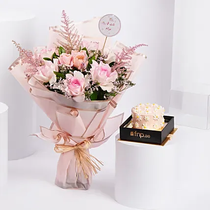 Pink Elegance Flowers with Chocolate Cake: Flowers and Cake for Birthday 