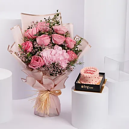 Sweet Pink Roses with Red Velvet Cake: Flowers & Cakes
