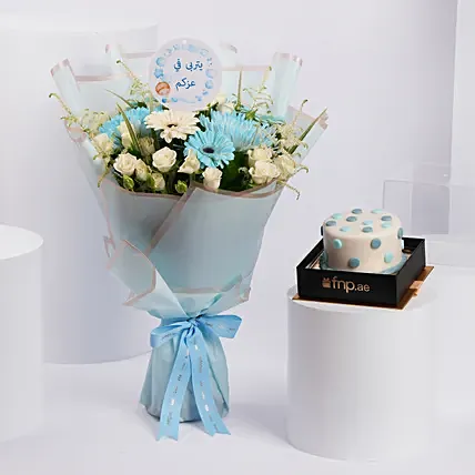 Blue Serenity Blooms with Chocolate Cake: Birthday Flower Bouquets