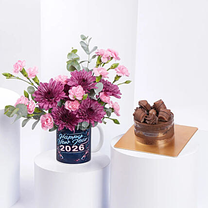New Year Flower Mug And Mono Cake: Flowers with Cakes to Dubai