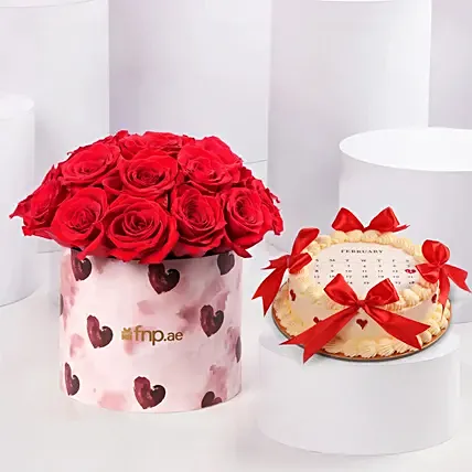 Romantic Red Roses Arrangement With Cake: Valentine's Day Cake