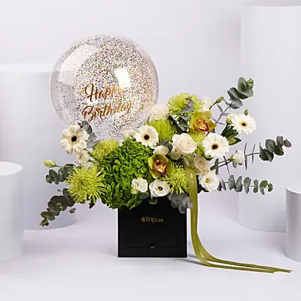 Happy Birthday Floral Box with Balloon: Flower Boxes