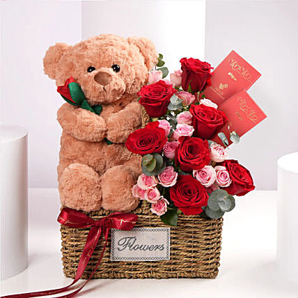 Teddy Bear With Red Roses Basket Arrangement: 