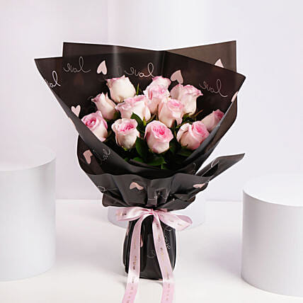 Elegant Pink Rose Bouquet In Black Wrap: 