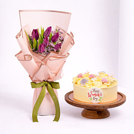Womens Day Floral Cream Cake And Tulip Bouquet: 