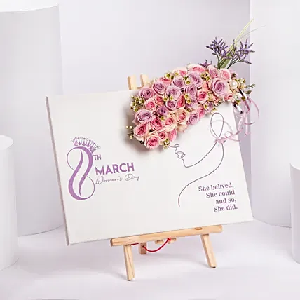 Happy Womens Day Canvas With Pink Roses: Womens Day Combos