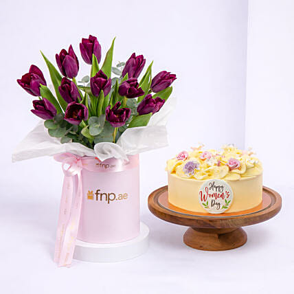 Womens Day Cake And Tulips Arrangement Combo: Womens Day Combos