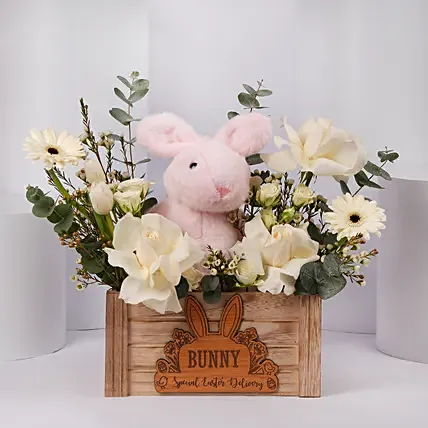 Bunny Floral Wooden Basket: Easter Flowers 