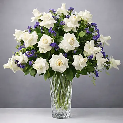 Beauty of White and Blue Flowers Vase: White Flower Bouquets