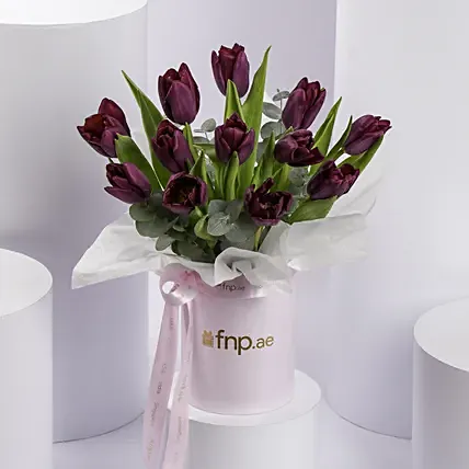 Luxury Purple Tulips In Pink Box: Women's Day Flowers