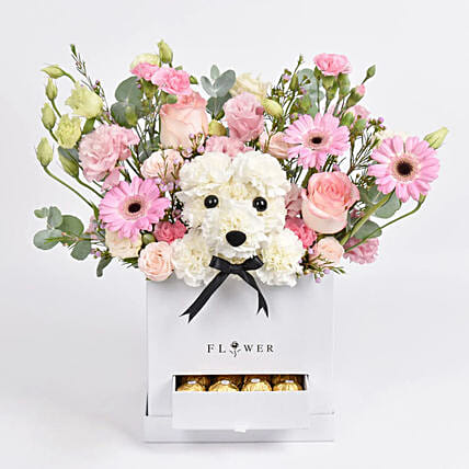 Hugs and Cuddles Flower Box: Flowers and Chocolates
