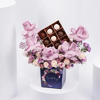 Birthday flowers with Premium Belgian Chocolates: One Hour Delivery Flowers
