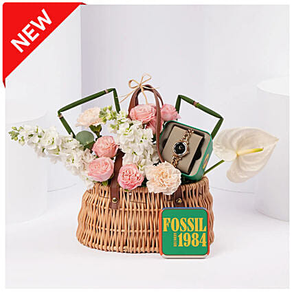 Fossil Gold Tone Watch Gift basket for Her: 
