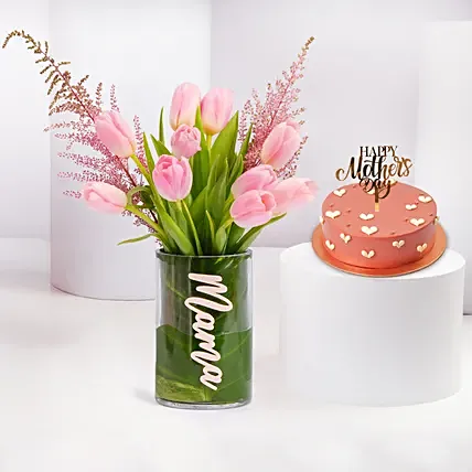Mama Flower Arrangement And Chocolate Cake Combo: Mothers Day Cakes