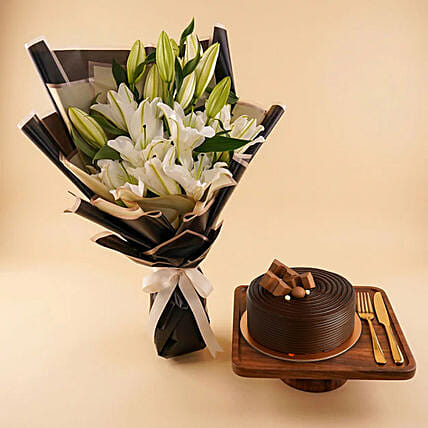 White Lily Bouquet And Cake Combo: Graduation Gifts