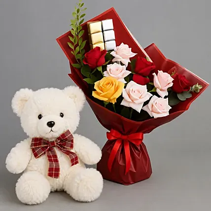 Classic Blooms and Chocolates with Teddy bear: Flowers and Teddy Bears 