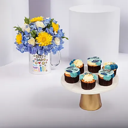 Best Dad Mug Arrangement with Cupcakes: Fathers Day Gift Combo