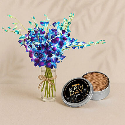 Blue Orchids Bouquet With Tin Cake: Gift Set 