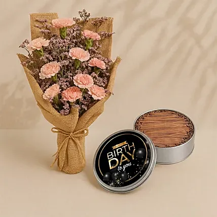 Charming Pink Carnations With Happy Birthday Cake In Tin Box: Birthday Combos