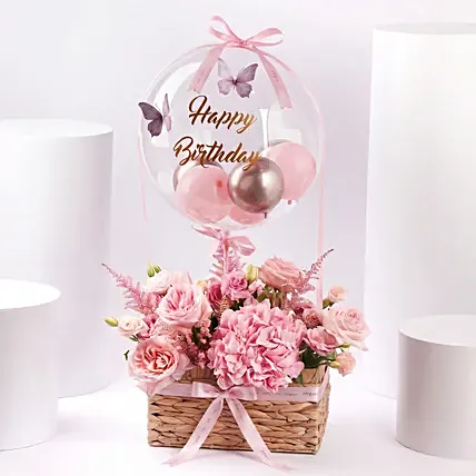 Pink Birthday Flower Basket With Balloon: Gifts 