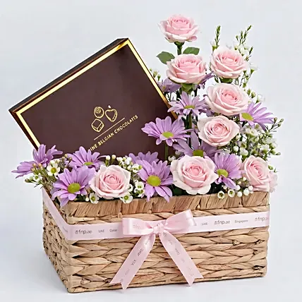 Pink Floral And Chocolate Gift Basket For Mom: Mother's Day Flowers