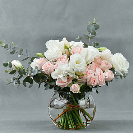 Spray Roses with White Lisianthus in Fish Bowl: Sympathy & Funeral Flowers to Dubai
