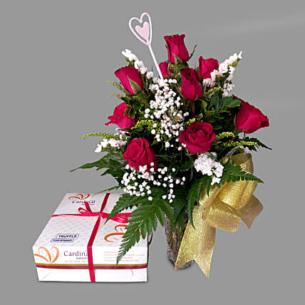 Red Roses Vase And Truffle Cake: Send Gifts to Philippines