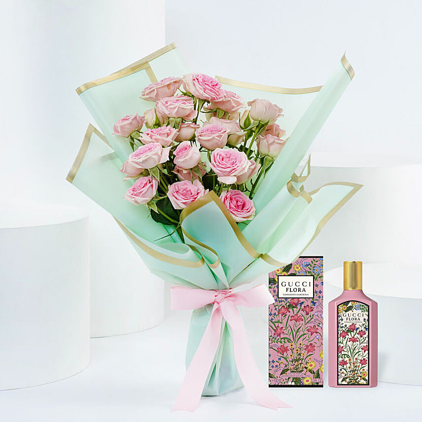 Baby Rose Bouquet With Gucci Flora: Send Flowers to Qatar