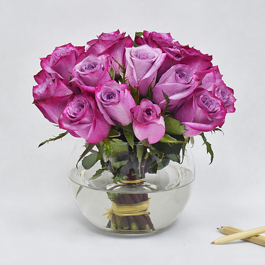 Purple Roses in Glass Bowl: Send Gifts for Him To Qatar