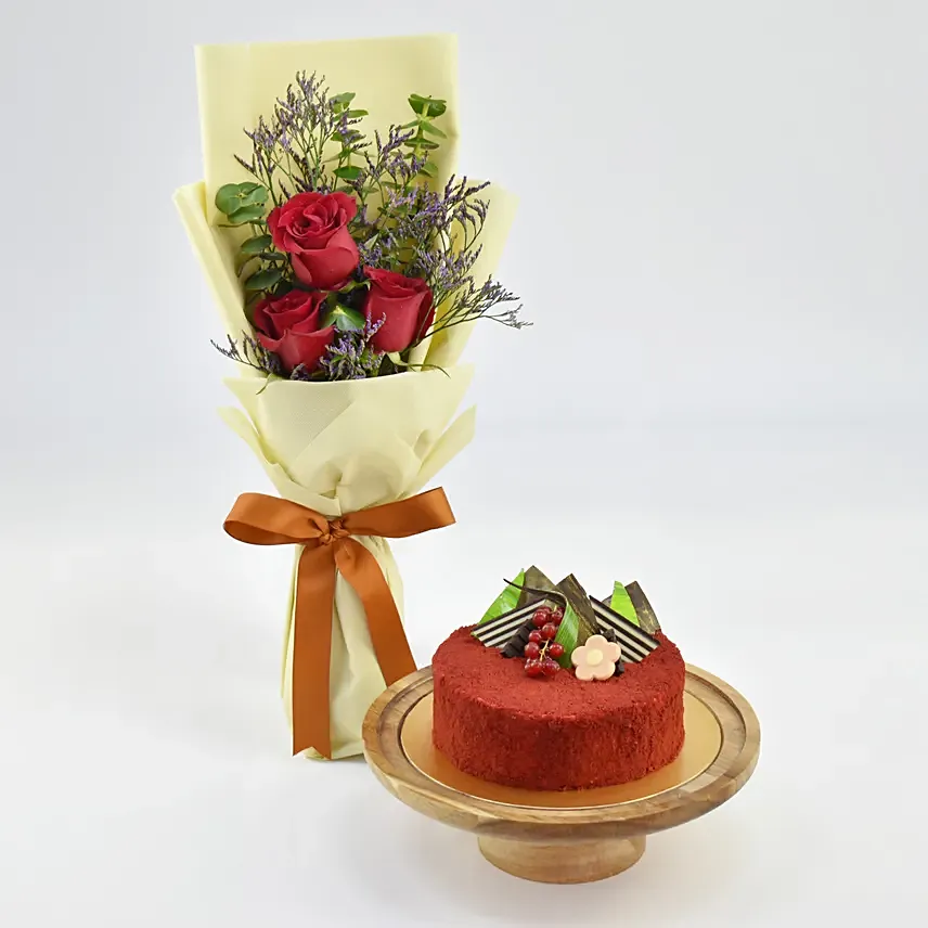 Red Velvet Cake and Bunch of 3 Red Roses: Send Gifts for Him To Qatar