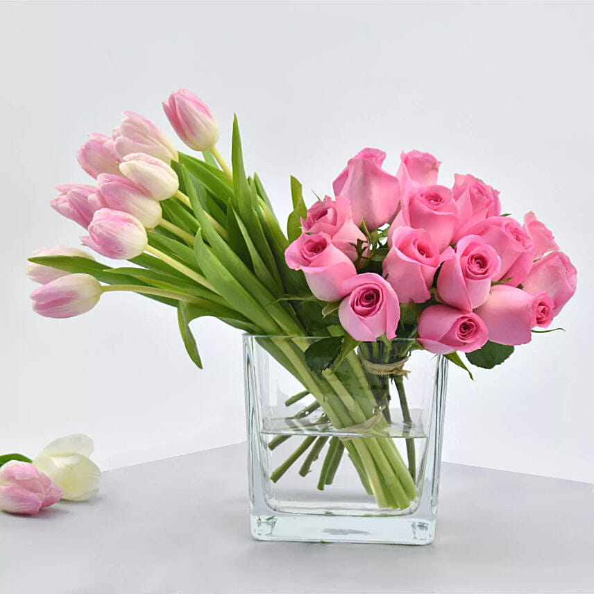 Roses and Pretty Tulips in Vase: Send Gifts to Qatar