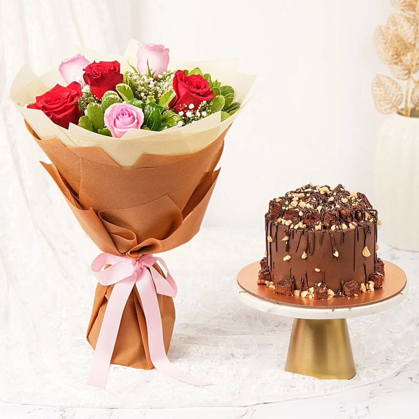 Sweet Harmony 6 Rose Bouquets and Chocolate Cake: 