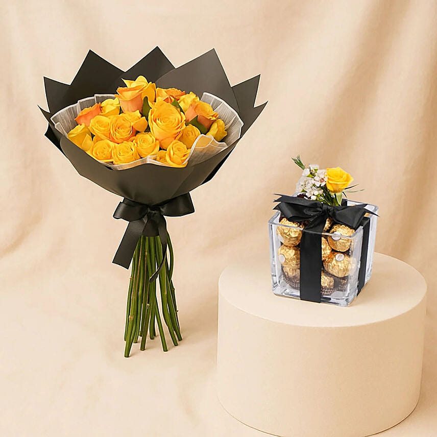 Yellow & Orange Roses Bouquet with Chocolates: 