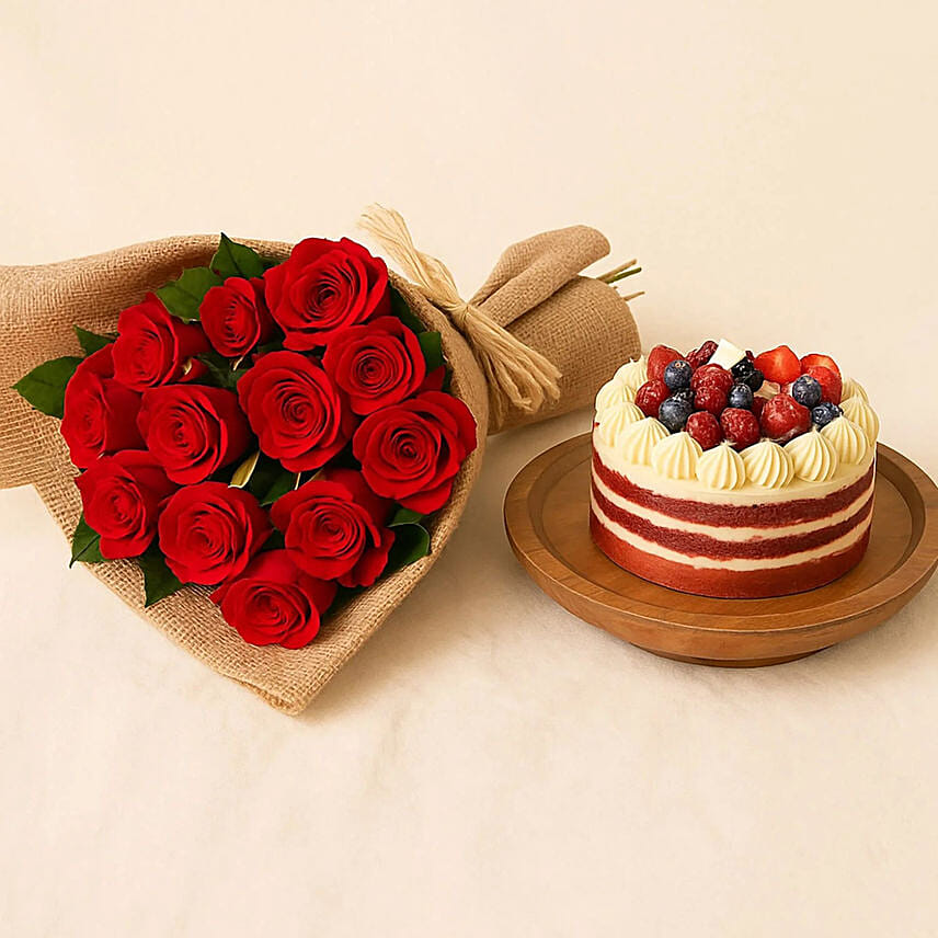 12 Red Roses Bouquet & Half Kg Red Velvet Cake Combo: Send Combos To Qatar