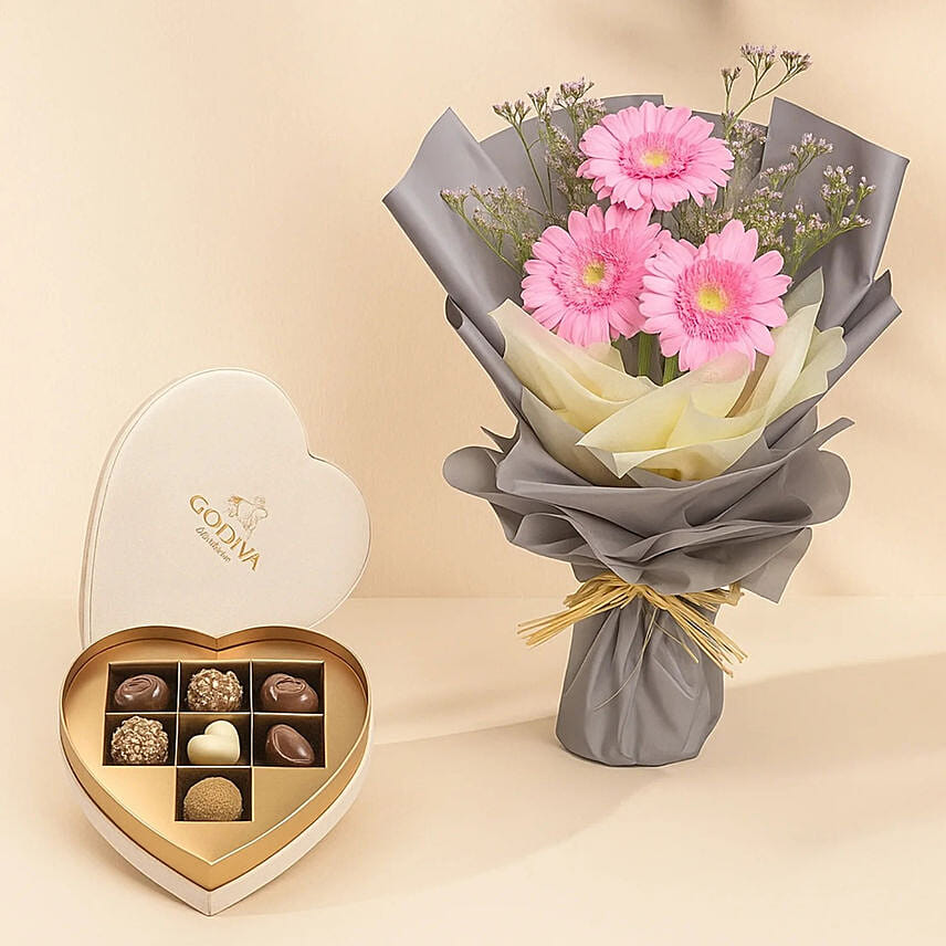 Godiva | Beige Velvet Heart Gift Box - 7 Pieces & Pretty Gerberas Bouquet: شوكولاته جوديفا في قطر