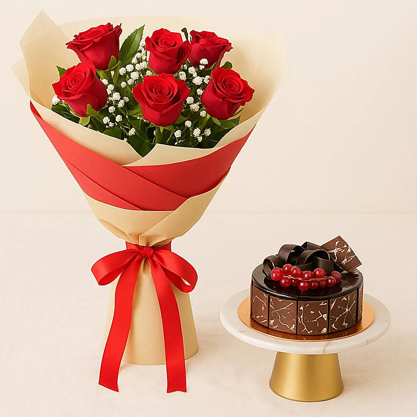 Red Love Roses Bouquet With Chocolate Cake: Send Birthday Gifts to Qatar