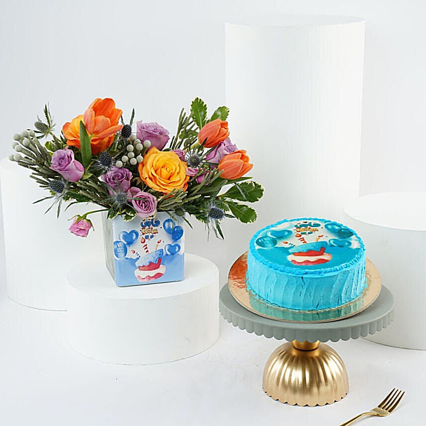 Happy Birthday Flower Vase n Vanilla Cake: Send Cakes to Qatar