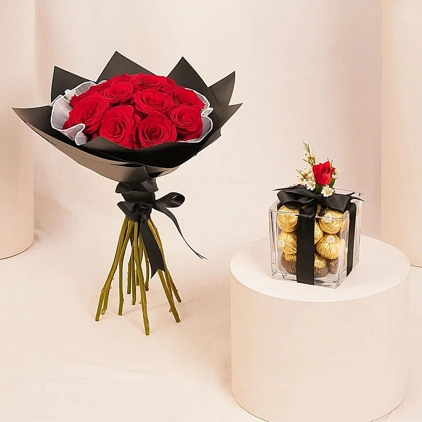 10 Red Rose Flowers Bouquet with Chocolate: Send Flowers N Chocolates to Qatar
