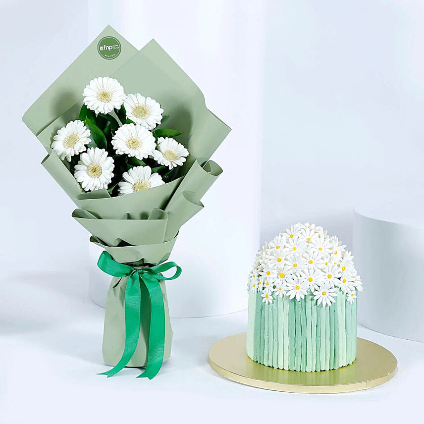 Gerbera Bouqet and Theme Cake: Flower and Cakes Delivery in Qatar