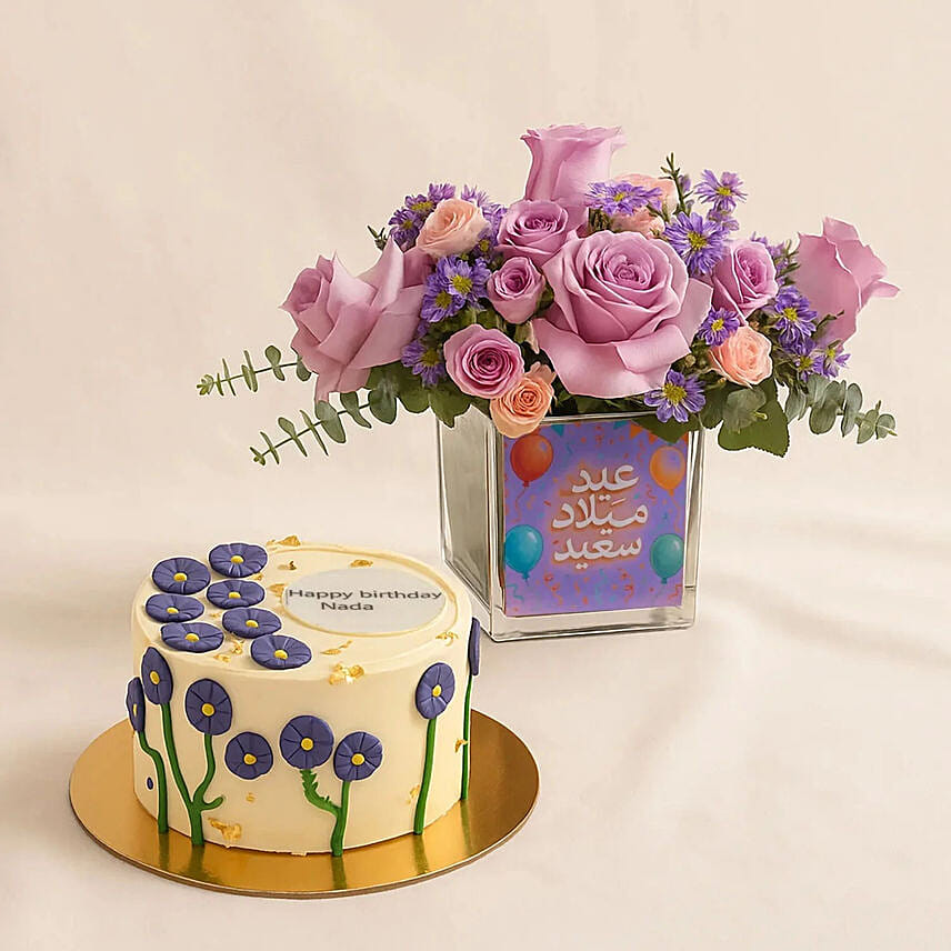 Happy Birthday Set of Customized Cake n Elegant Blooms: 