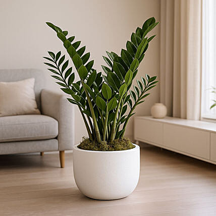 ZZ Plant in White Cement Pot: 