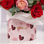 Red And Peach Roses In Heart Hat Box