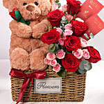 Teddy Bear With Red Roses Basket Arrangement