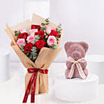 Mixed Roses Hand Bouquet With Teddy Gift Set