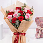 Mixed Roses Hand Bouquet With Teddy Gift Set