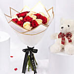 Elegant Duo Of Roses Valentines Bouquet With Teddy Bear