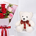Pink and Red Roses Beauty Bouquet With Teddy Bear For Valentines