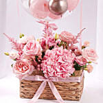 Pink Birthday Flower Basket With Balloon