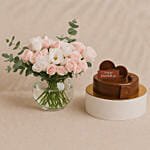 Elegant Rose And Lisianthus Bloom Bowl With Decadent Fudge Cake