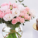 Elegant Rose And Lisianthus Bloom Bowl With Decadent Fudge Cake